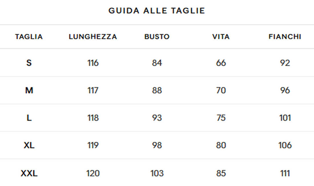 Tabella taglie in centimetri