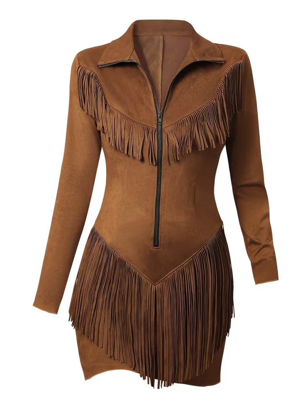 Abito midi da donna in maglia, stile western da cowboy, con frange in camoscio