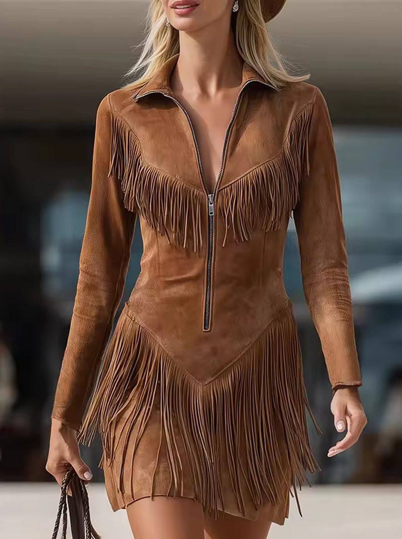 Abito midi da donna in maglia, stile western da cowboy, con frange in camoscio