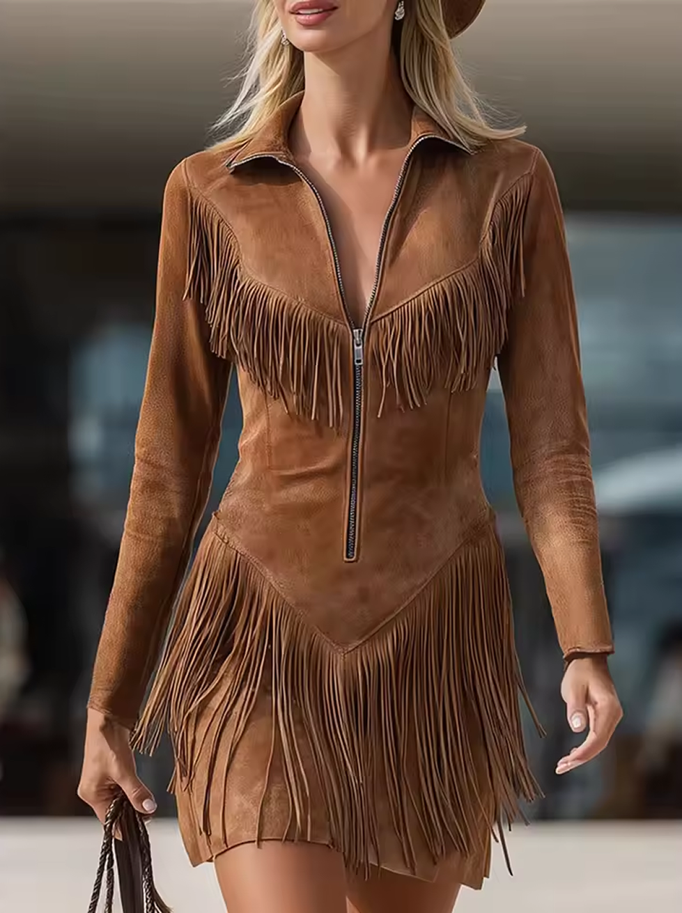Abito midi da donna in maglia, stile western da cowboy, con frange in camoscio